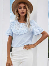 Lace hollow round neck ruffled short-sleeved shirt top Sai Feel